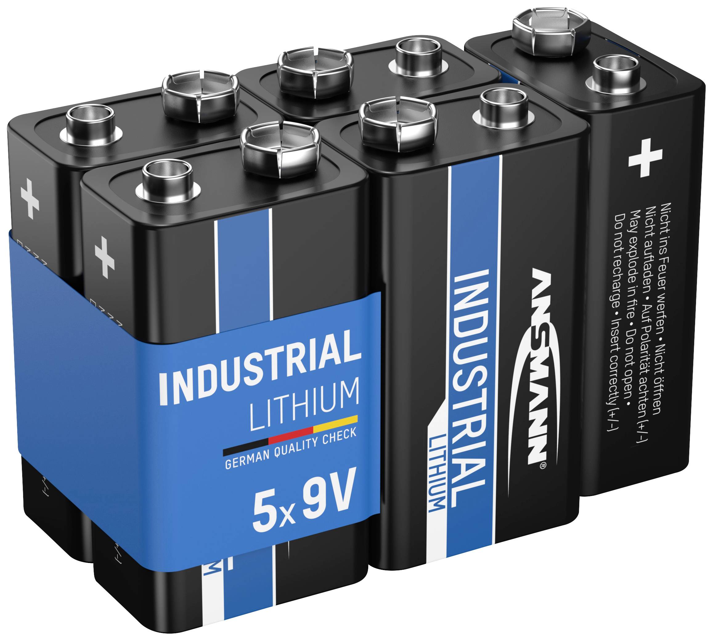 Fünf 9V-Batterien, gebündelt, mit der Aufschrift 'INDUSTRIAL LITHIUM' und Markendetails. Deutsche Qualitätskontrolle erwähnt.