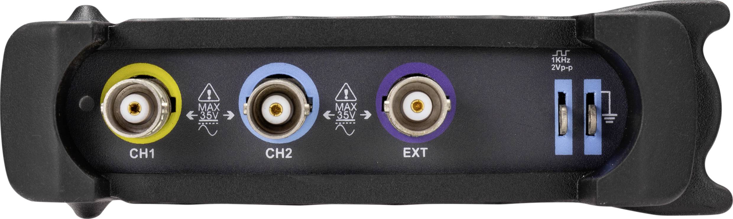 Rückseite eines Messgeräts mit drei runden Anschlüssen, beschriftet als 'CH1', 'CH2' und 'EXT', sowie weiteren Anschlüssen rechts.