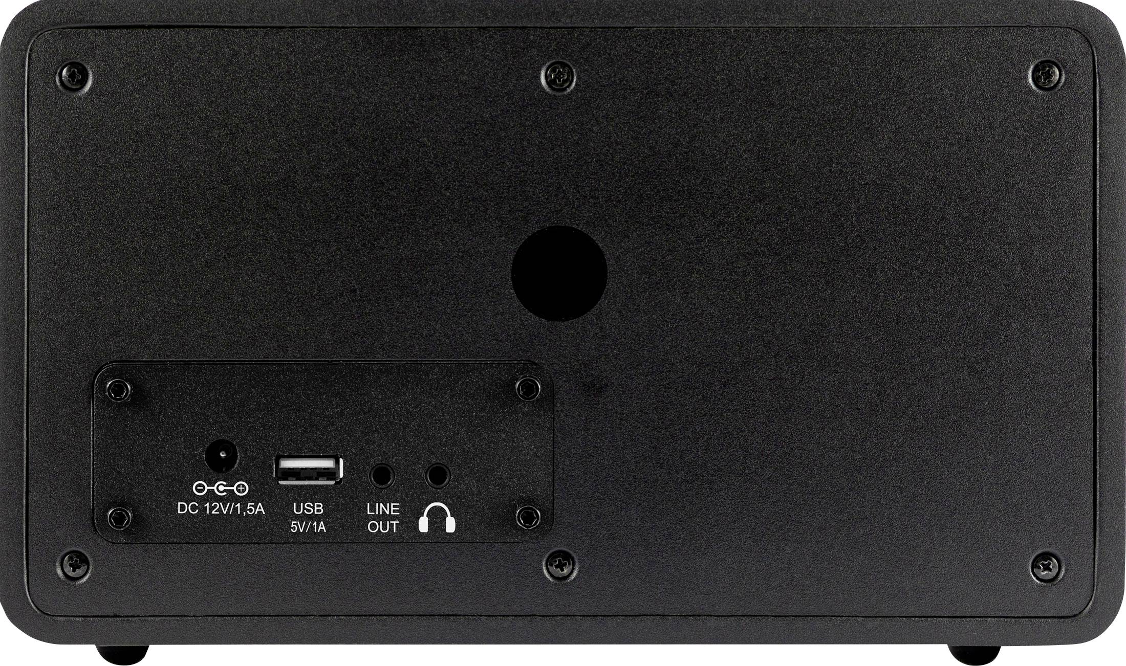 Rückseite eines schwarzen Geräts mit Anschlüssen: DC 12V/1,5A, USB 5V/1A, Line-Out und Kopfhörerbuchse.