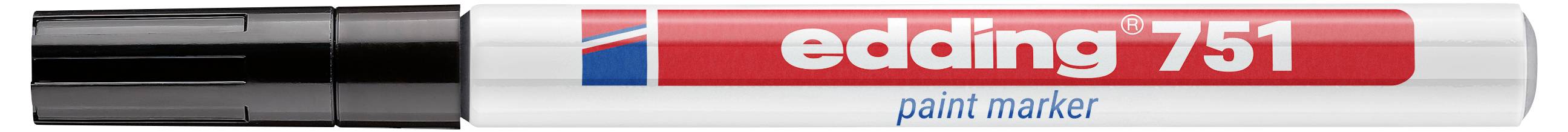 Ein weißer Edding 751 Lackmarker mit schwarzer Kappe und rotem Etikett mit der Aufschrift „edding 751 Lackmarker".
