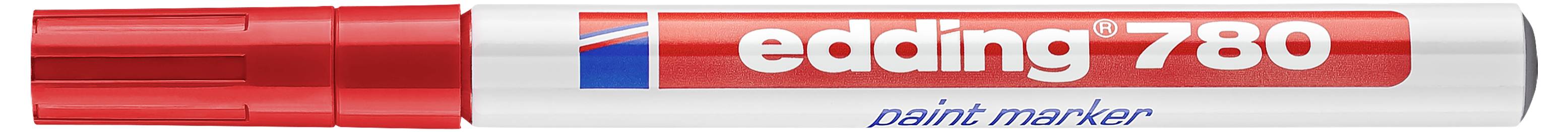 Roter Edding 780 Lackmarker mit roter Kappe, horizontal auf weißem Hintergrund abgebildet.