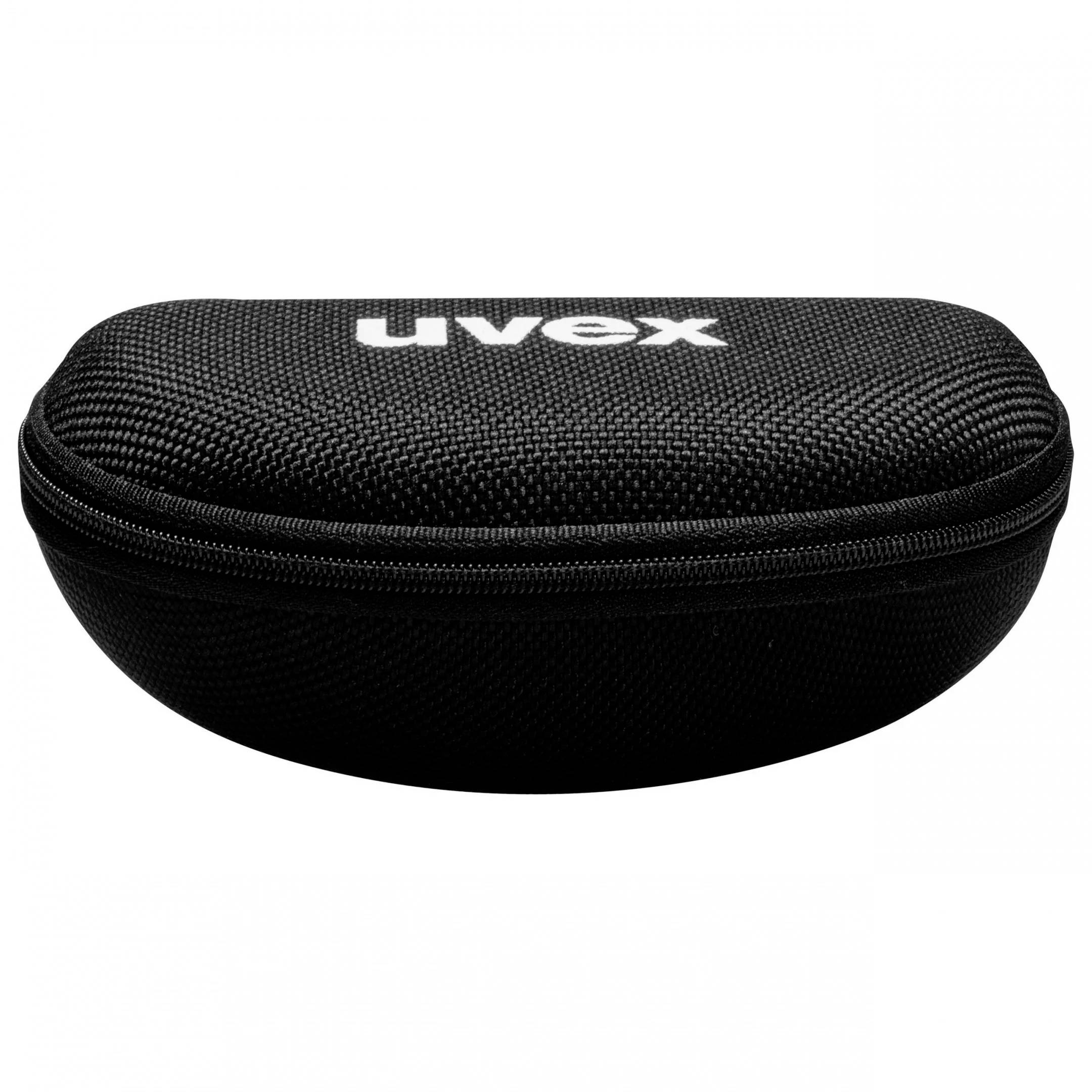Ein schwarzes, ovales Etui mit Reißverschluss und dem weißen Logo 'uvex' auf der Oberseite, geeignet zur Aufbewahrung von Schutzbrillen.