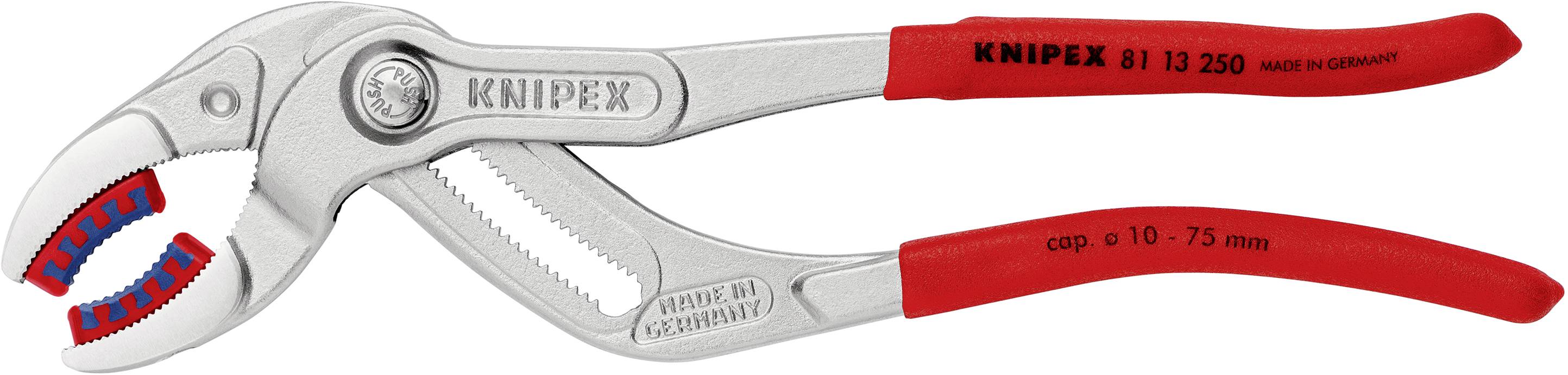 Wasserpumpenzange mit rotem Griff, verstellbare Größe von 10-75 mm, Produktname 'Knipex' auf Griff gedruckt.
