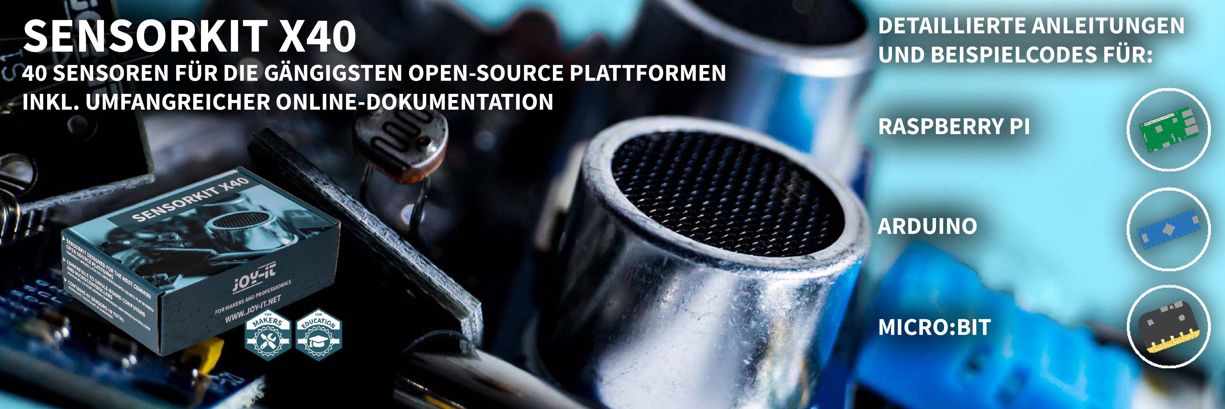Sensorkit X40: 40 Sensoren für Open-Source-Plattformen mit Online-Dokumentation. Enthält Anleitungen für Raspberry Pi, Arduino, Micro:bit.