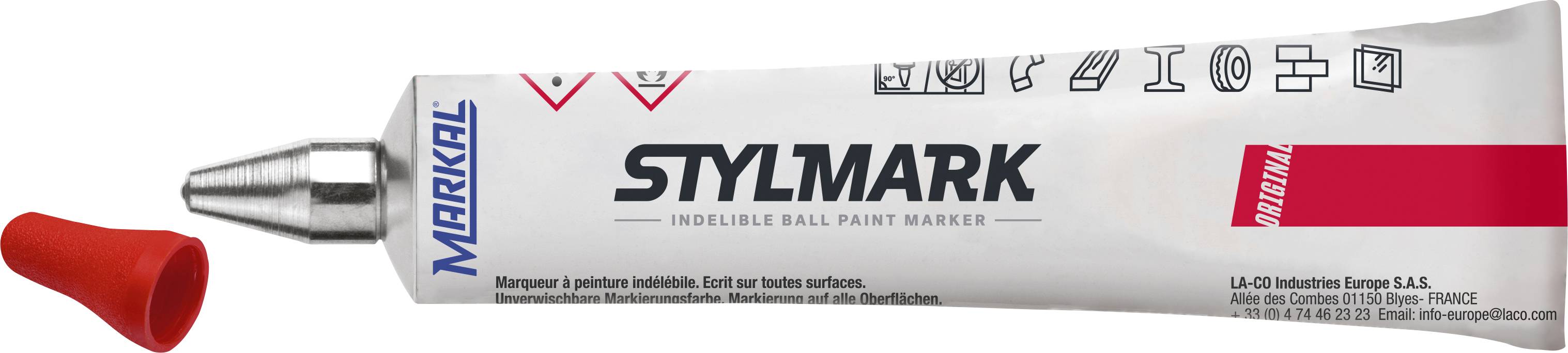 Ein weißer Markierungsstift von Markal namens 'Stylmark' mit roter Kappe, geeignet für glatte Oberflächen.