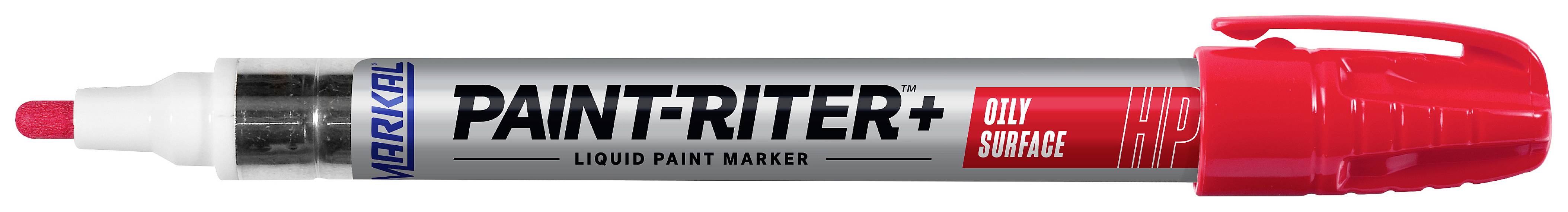 Roter Markal 'PAINT-RITER+' Lackmarker mit feiner Spitze und roter Kappe, geeignet für glatte Oberflächen.