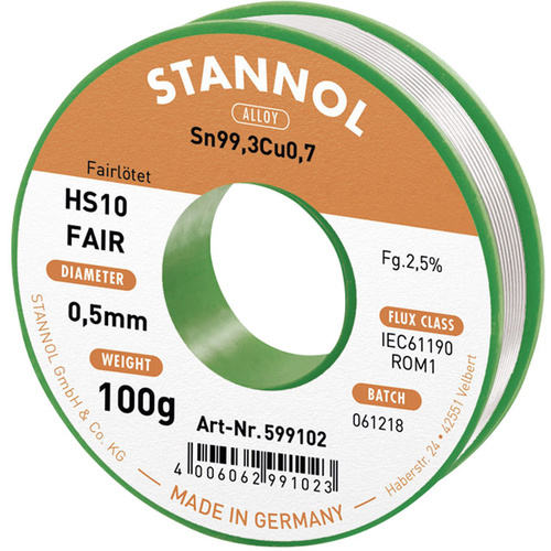 Stannol HS10-Fair Lötzinn Spule Sn99,3Cu0,7 ROM1 100 g 0.5 mm