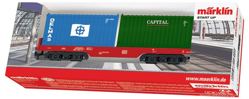 Modelleisenbahn in Verpackung, mit einem Doppelcontainerwagen mit 
