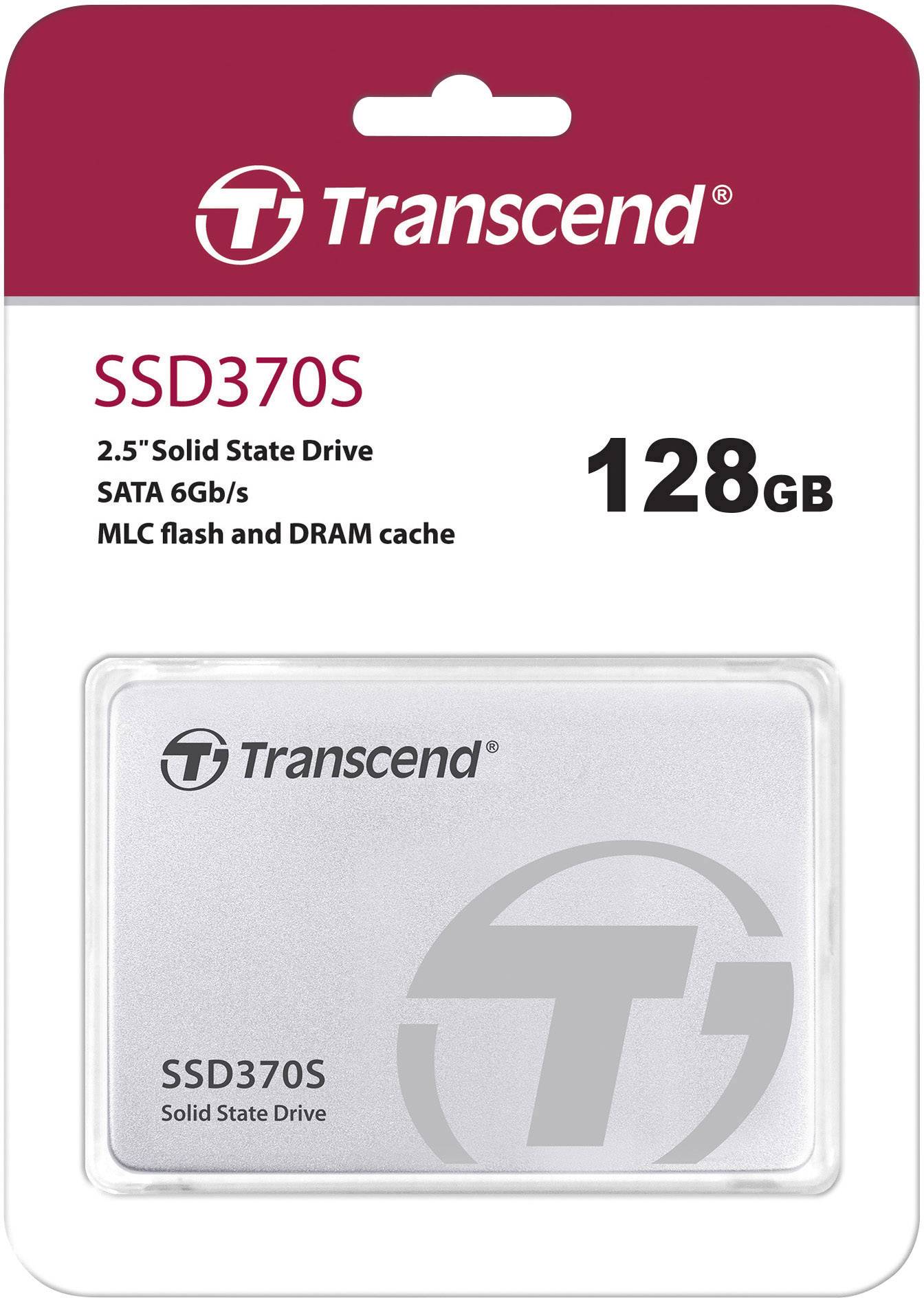 Verpackung einer Transcend SSD370S Solid State Drive mit 128 GB Kapazität und SATA 6 Gb/s Schnittstelle.