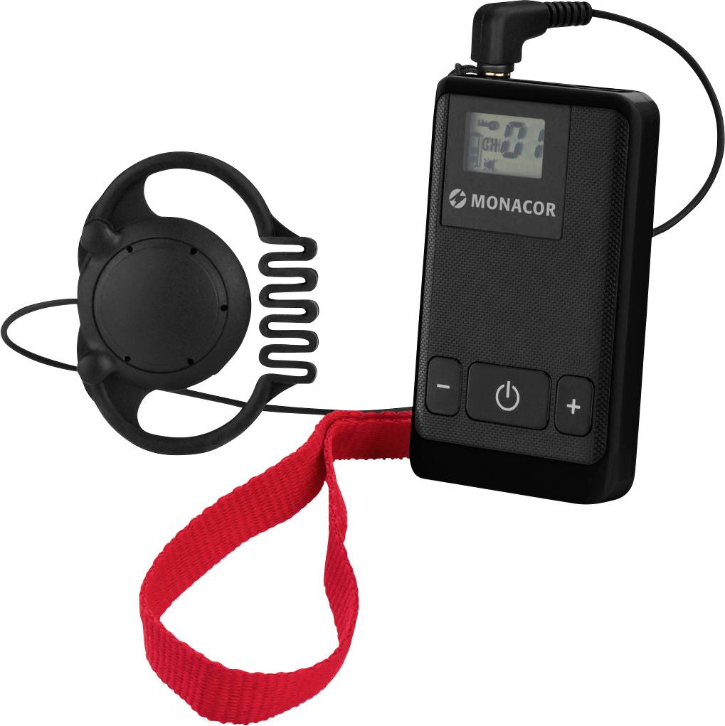 Ein tragbares Audiosystem mit Ohrhörer, digitalem Display und rotem Handgelenkband. Ideal für mobile Beschallungseinsätze.