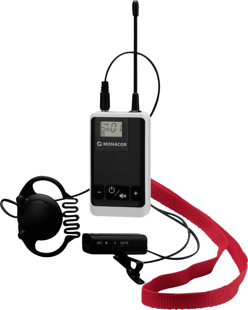 Tragbares Audiogerät mit rotem Band, Ohrhörer und Mikrofon. Gerät zeigt digitale Anzeige und hat Lautstärketasten. Ideal für Touren.