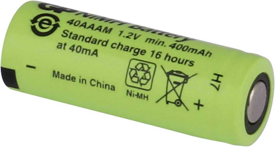 Grüne AAAA NiMH-Batterie, 1,2V, 400mAh. Text auf Batterie: Standardcharge 16 Stunden, 40mA. Hergestellt in China.