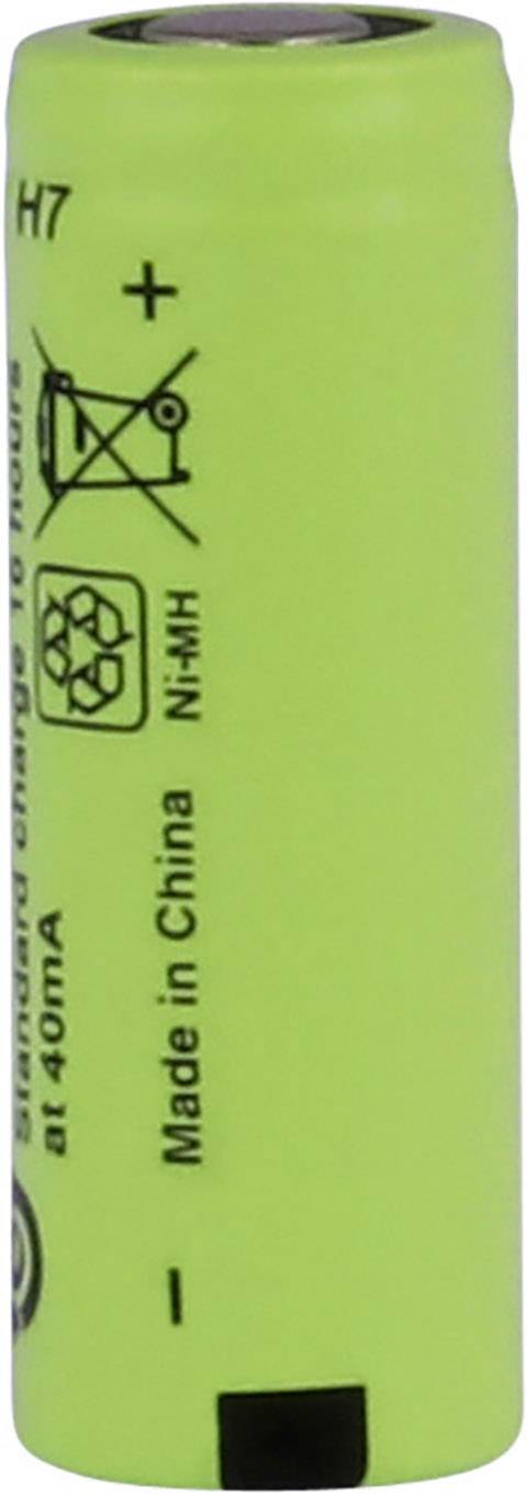 Eine grüne, zylindrische Ni-MH-Akku mit Plus- und Minuspoldarstellung. Text darauf besagt 'Made in China' und 'Standard charge 16 hours at 40mA'.