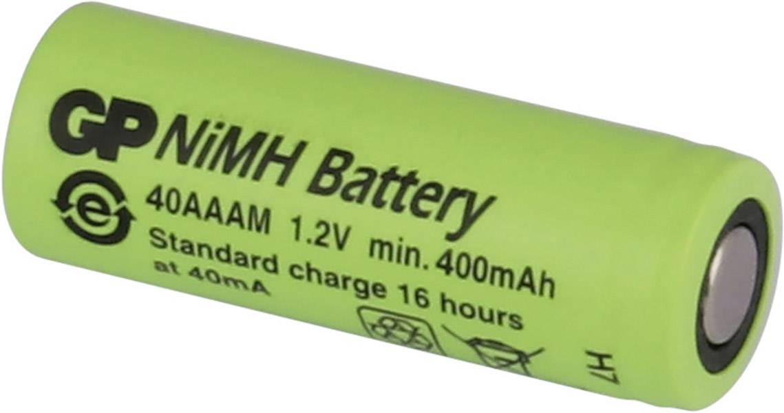 Grüne zylindrische Batterie mit der Aufschrift 'GP NiMH Battery 1.2V 400mAh'. Geeignet für Geräte mit geringer Stromaufnahme.