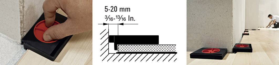 Eine Person platziert eine Abstandshalter-Keileinrichtung neben einer Wand auf einem Holzboden. Diagramm zeigt Dimensionierung: 5-20 mm, ⅛-⅜ Zoll. Abstandshalter unterteilen Wand und Boden.