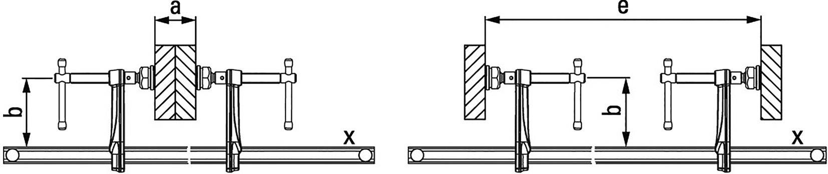 Technische Zeichnung zweier Spannvorrichtungen mit Maßen a, b, d, e, die auf einer Leiste x befestigt sind.