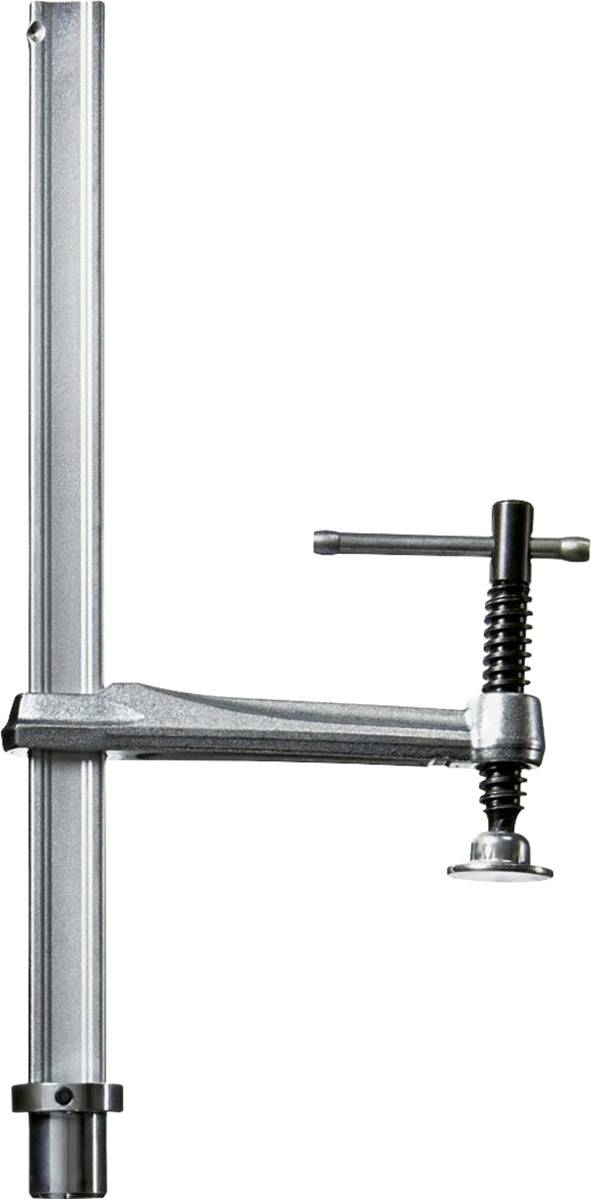 Drei verschiedene Schraubzwingen in einer Reihe: Schraubzwinge, Hebelzwinge, und Korpuszwinge, erkennbar an Griff und Spannmechanismus.