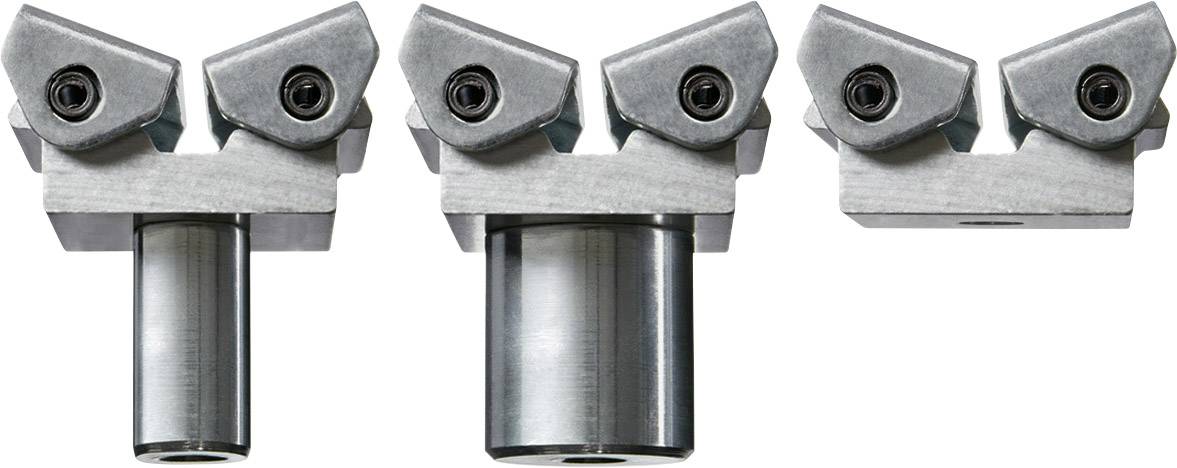 Drei metallische Fräsköpfe in verschiedenen Größen und Formen, symmetrisch angeordnet. Die Köpfe haben austauschbare Schneidplatten.