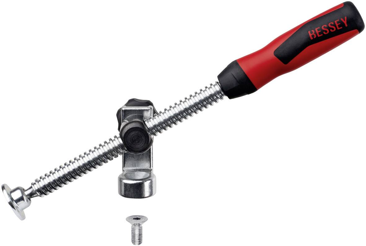 Spannwerkzeug mit rotem Griff und Schraubmechanismus, unten eine lose Schraube.