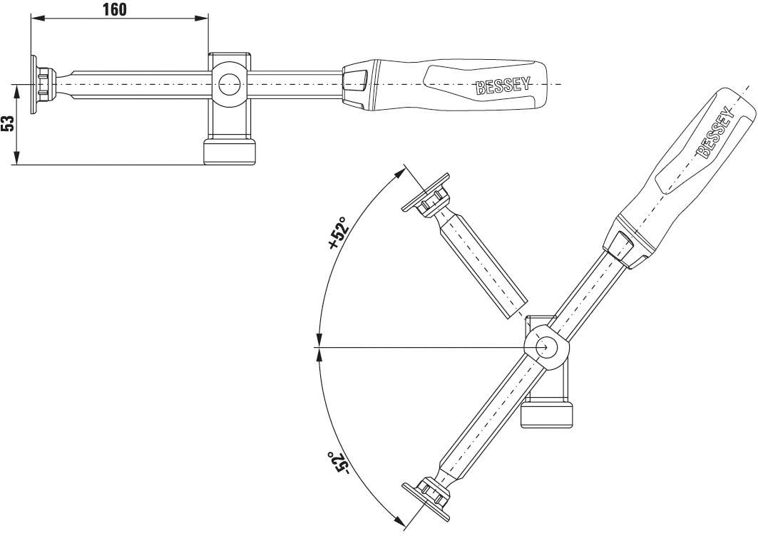Technische Zeichnung eines verstellbaren Hebels mit Griff. Zeigt Maße von 160 mm Länge und 55 mm Höhe mit einem einstellbaren Drehwinkel von +/- 52°.