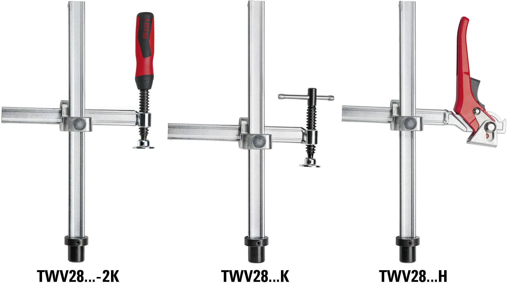 Drei Klemmenmodelle werden gezeigt: links mit rotem Griff, mitte mit schwarzem Drehknopf, rechts mit rotem Schnellspannhebel.