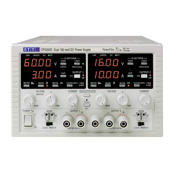 Ein duales DC-Netzgerät, Modell CPX200D, zeigt zwei Ausgänge mit Spannungen von 60,0V und 16,0V sowie Ströme von 3,00A und 10,00A an.