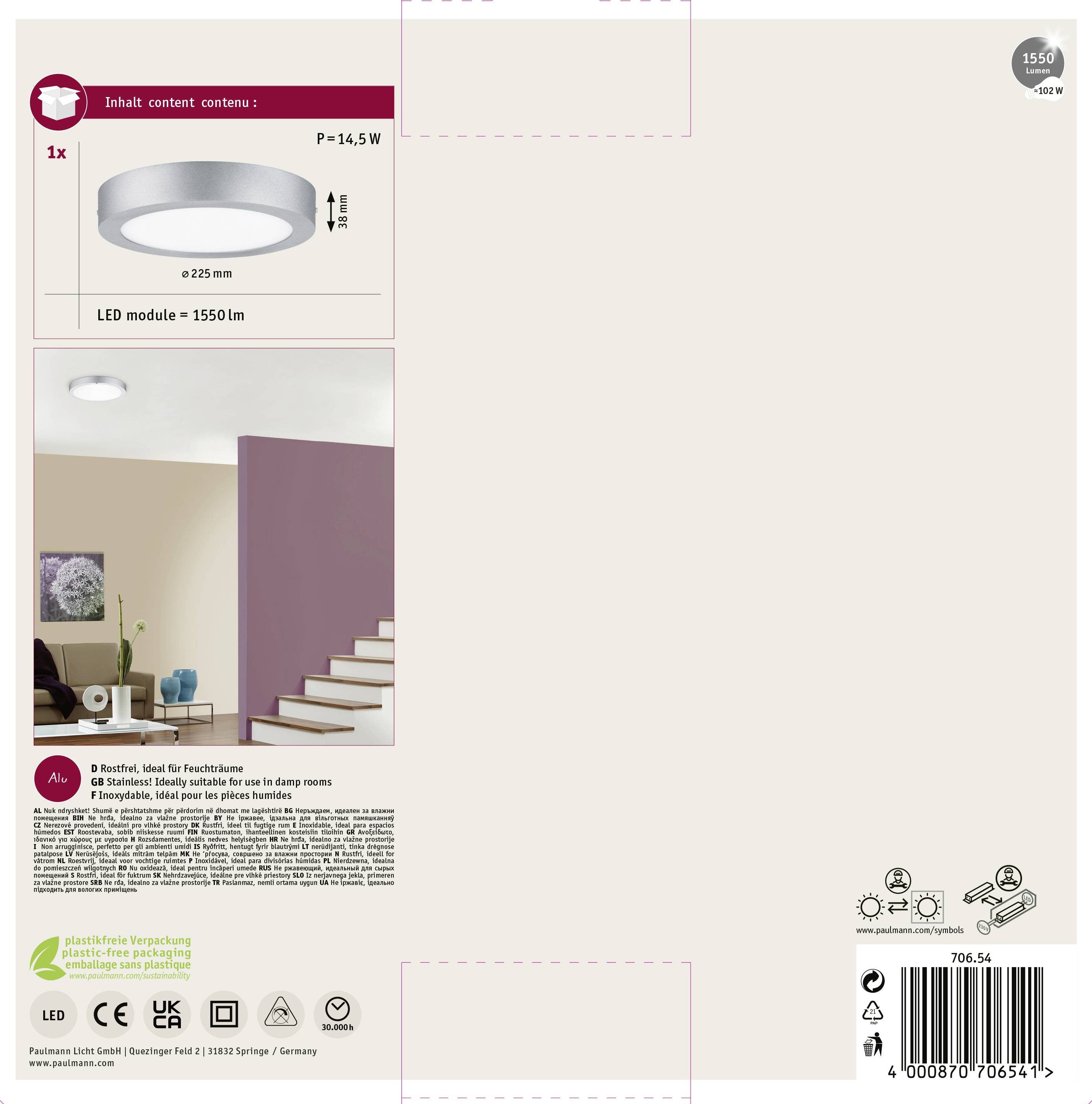 Paulmann Lunar 70654 LED-Panel 15.5W Warmweiß Chrom (matt)