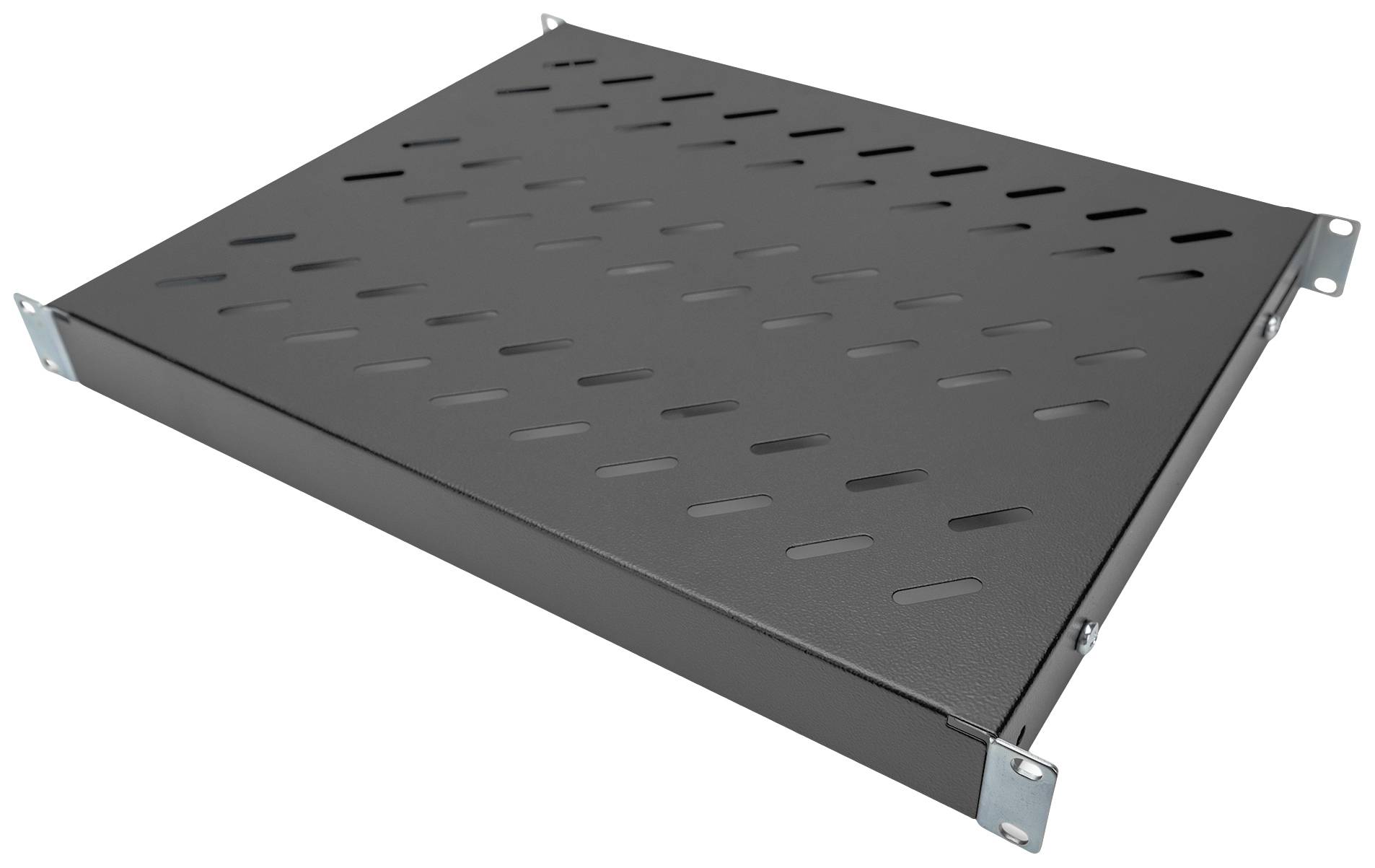 Schwarzes, rechteckiges Metallschubfach mit Lüftungsschlitzen, geeignet für 19-Zoll-Rackmontage. Ideal für die Aufbewahrung von Geräten.