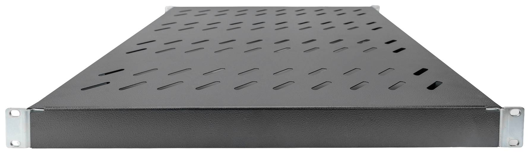 Ein schwarzes, perforiertes Regalbrett für ein Rack, oft verwendet zur sicheren Aufbewahrung von Geräten in einem Serverraum.
