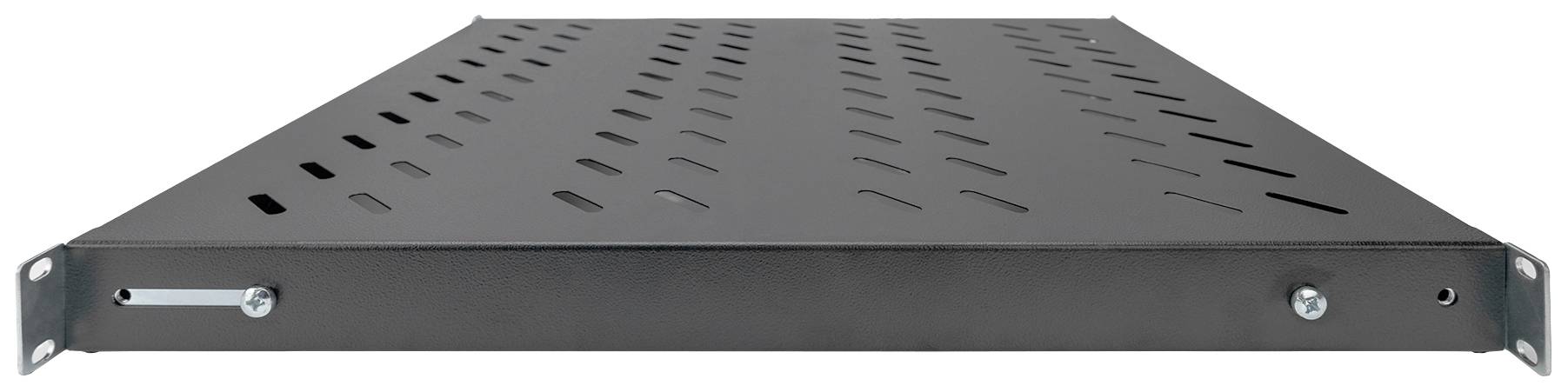 Metallisches Rack-Montage-Fach mit Belüftungsschlitzen, rechteckiger Form, zur Unterstützung von elektronischen Geräten in Racks.