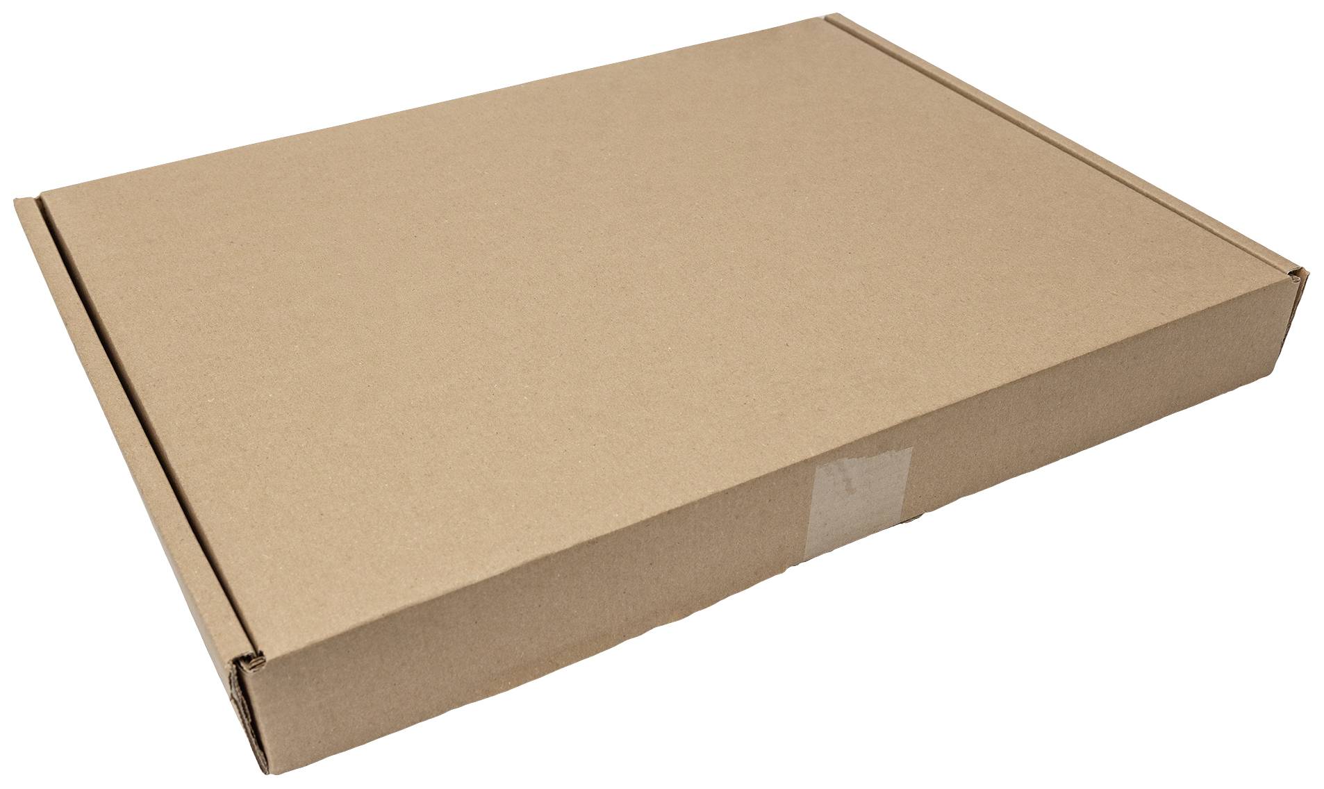 Flacher, rechteckiger Karton aus braunem Wellpappe-Material, geschlossen.