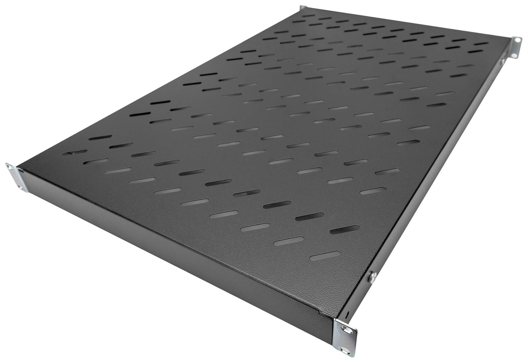 Schwarzes Rechteck-Tablett mit schrägen Schlitzen, die gleichmäßig verteilt sind. Verwendet für die Luftzirkulation in Regalsystemen.