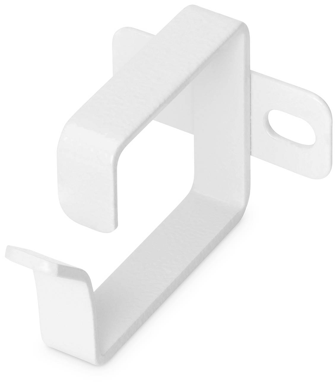 Weißer Metallhalter, L-förmig, mit zwei Befestigungslöchern, geeignet zur Wandmontage oder Befestigung von Gegenständen.