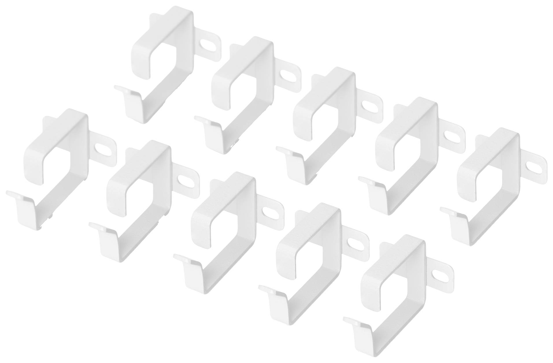 Zehn weiße Kabelhalter in zwei Reihen, symmetrisch angeordnet, zur Befestigung von Kabeln an Wänden oder Oberflächen.