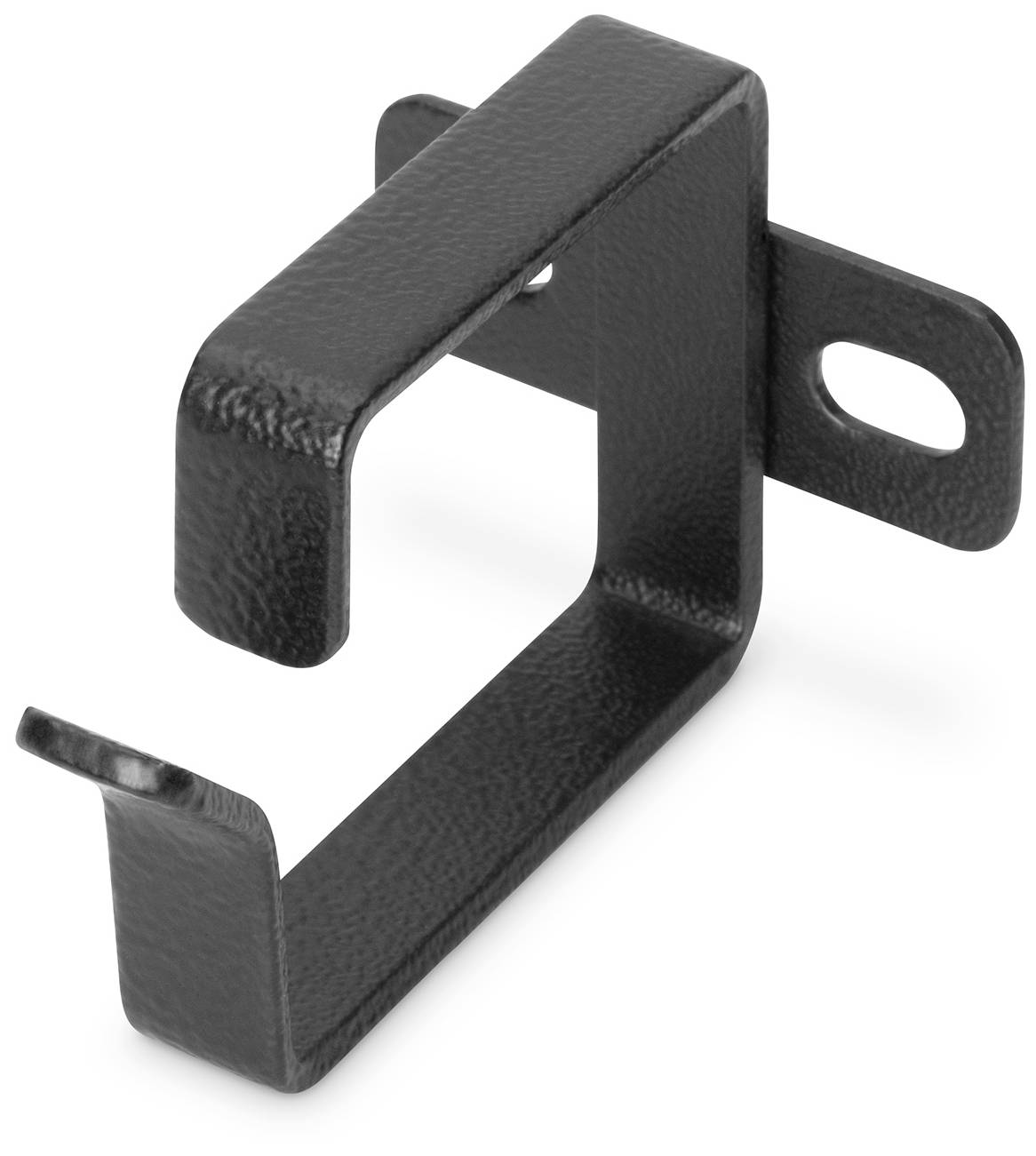 Schwarzer, metallener Wandhaken mit rechteckigem Design und zwei Befestigungslöchern, geeignet zum Aufhängen von Gegenständen.