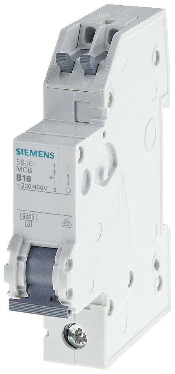 Ein weißer Siemens-Leitungsschutzschalter, Modell 5SJ6, Typ B16, für Spannungen von 230/400V, zur Absicherung von Stromkreisen.