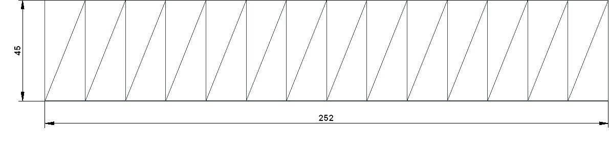 Technische Zeichnung eines rechteckigen Objekts, 262 Einheiten lang und 45 Einheiten hoch, mit diagonalen Linien.