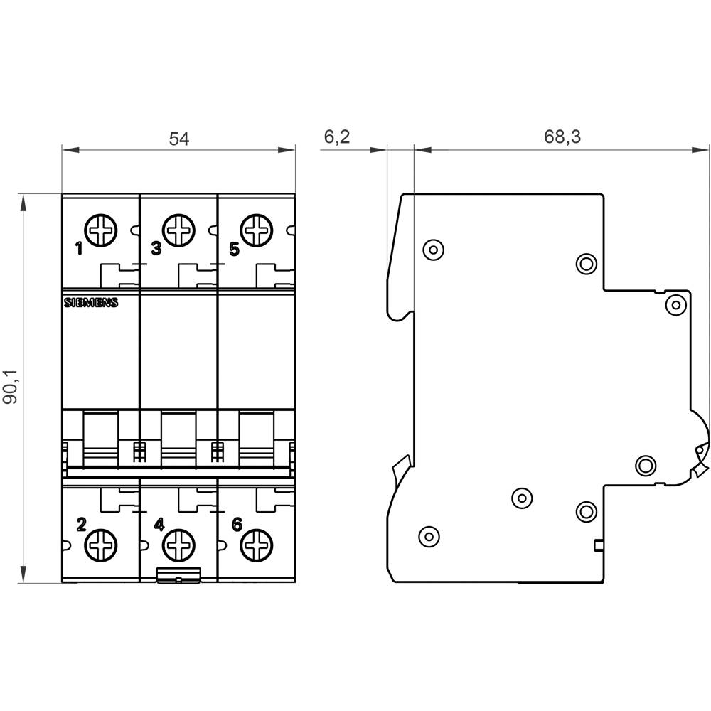 Technische Zeichnung eines dreipoligen Leistungsschalters von Siemens, mit Abmessungen: Breite 54 mm, Tiefe 68,3 mm, Höhe 90,1 mm.