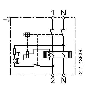 Schematische Darstellung eines elektrischen Schalters mit Kontakten und Verbindungen, Beschriftungen '1', '2', 'N', 'T'.