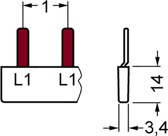 Technische Zeichnung eines elektrischen Bauteils mit zwei Pins. Beschriftungen: L1, Abstände von 1 und 3,4, Höhe 14.
