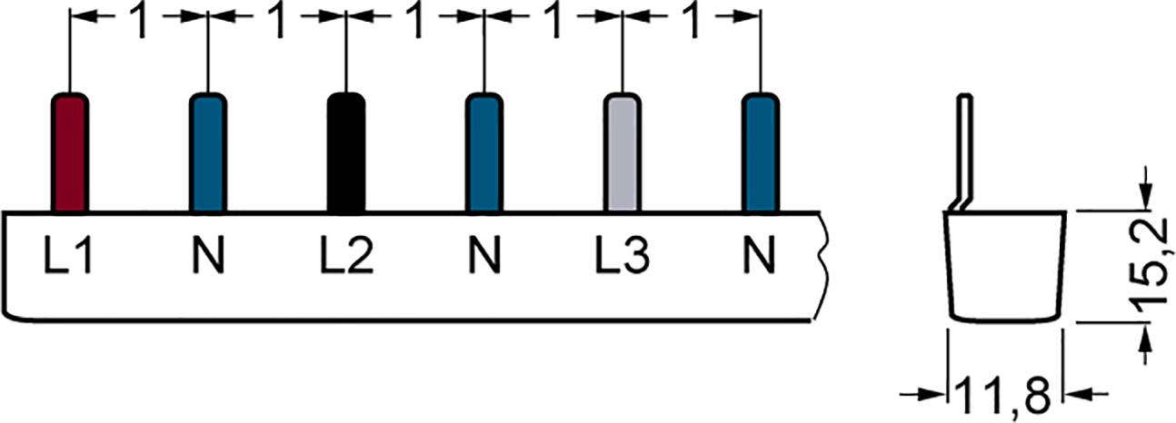Steckverbindungsschema mit Leitungen L1, N, L2, N, L3, N, jeweils mit 1 Abstand. Rechts Querschnittsansicht mit Maßen 11,8 x 15,2.