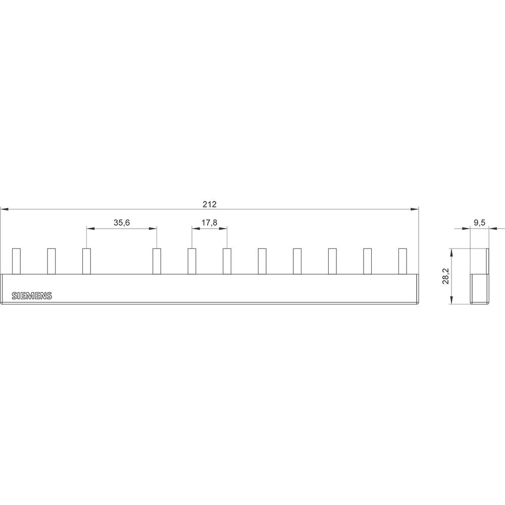 Zeichnung einer Kammbrücke von Siemens mit Maßen: Länge 212 mm, Höhe 28,2 mm, und Breite 9,5 mm. Zahnbreite 35,6 mm und 17,8 mm.