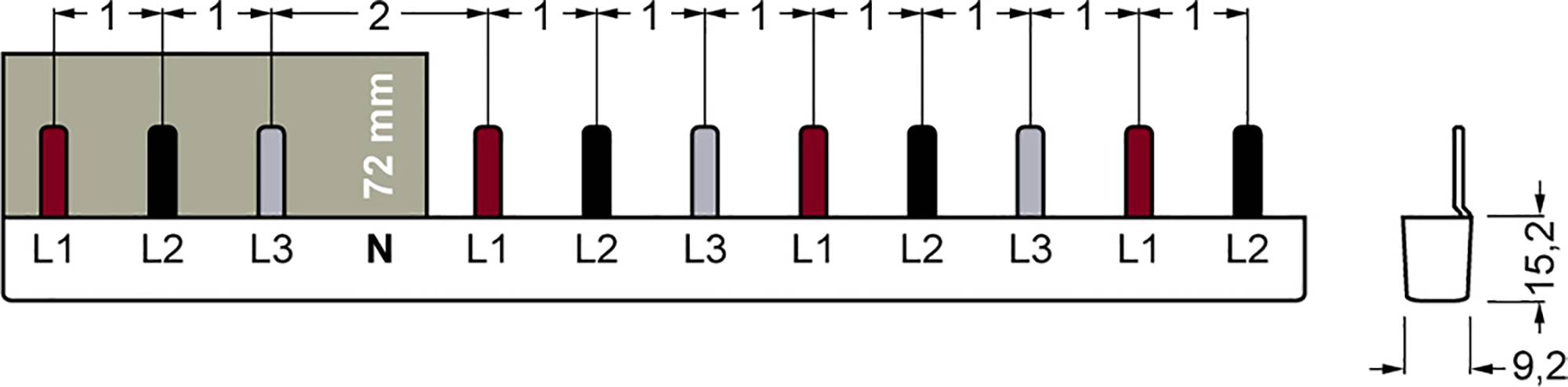 Anschlussplan zur Verkabelung mit Anschlussklemmen, zeigt mehrere Leitungen mit Bezeichnungen L1, L2, L3, N und genaue Maße in Millimetern.
