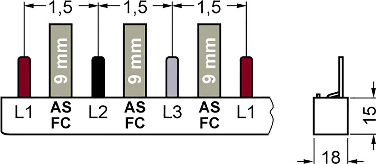 Diagramm zeigt Steckverbinder: Reihenfolge L1, L2, L3, L1. Abmessungen: Höhe 15 mm, Breite 18 mm. Abstand zwischen Steckern 1,5 mm.