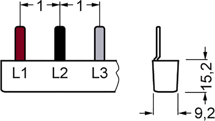 Diagramm zeigt ein dreipoliges Kabel mit Anschlüssen L1, L2, L3 in Rot, Schwarz und Grau, sowie Maße von 15,2 mm Höhe und 9,2 mm Breite.