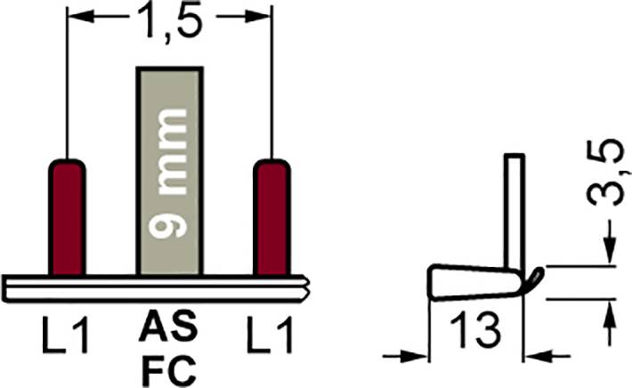 Technische Zeichnung eines Bauteils: zentrale vertikale Komponente 9 mm, Maße 1,5 mm, AS FC gekennzeichnet, Seitenansicht 3,5 mm hoch.