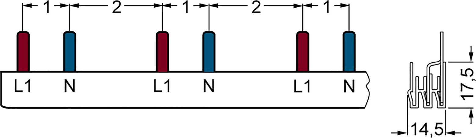 Diagramm eines elektrischen Verteilers mit abwechselnden Anschlüssen, gekennzeichnet als 'L1' und 'N', zusammen mit Maßangaben in Millimetern.