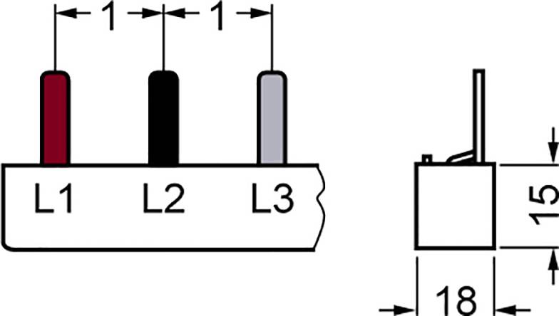 Dreipoliger Schalter: L1 rot, L2 schwarz, L3 grau. Maße: Breite 18 mm, Höhe 15 mm.