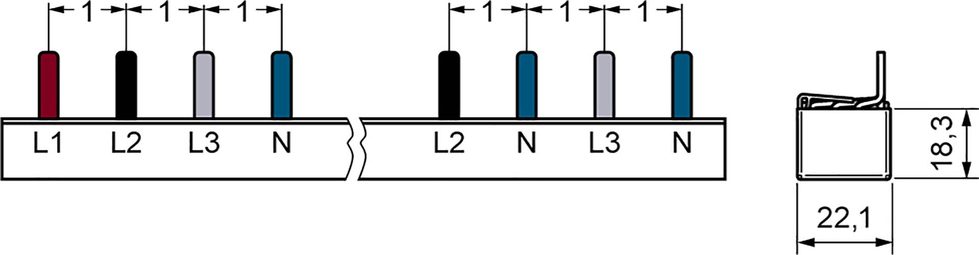 Diagramm zeigt elektrische Drahtanschlüsse L1, L2, L3 und N. Links sechs farbige Drähte, rechts Querschnitt mit Maßen 18,3 mm und 22,1 mm.