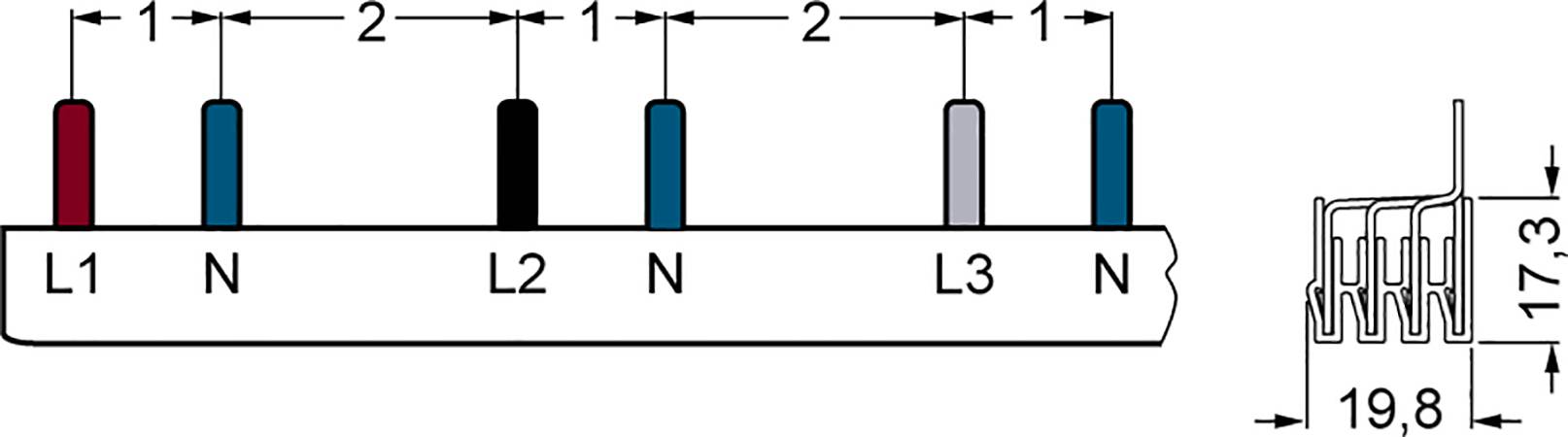Die Abbildung zeigt einen Anschlussplan mit drei Phasen: L1, L2, L3, und Neutralleiter N. Abstand zwischen Anschlüssen ist 2 mm.
